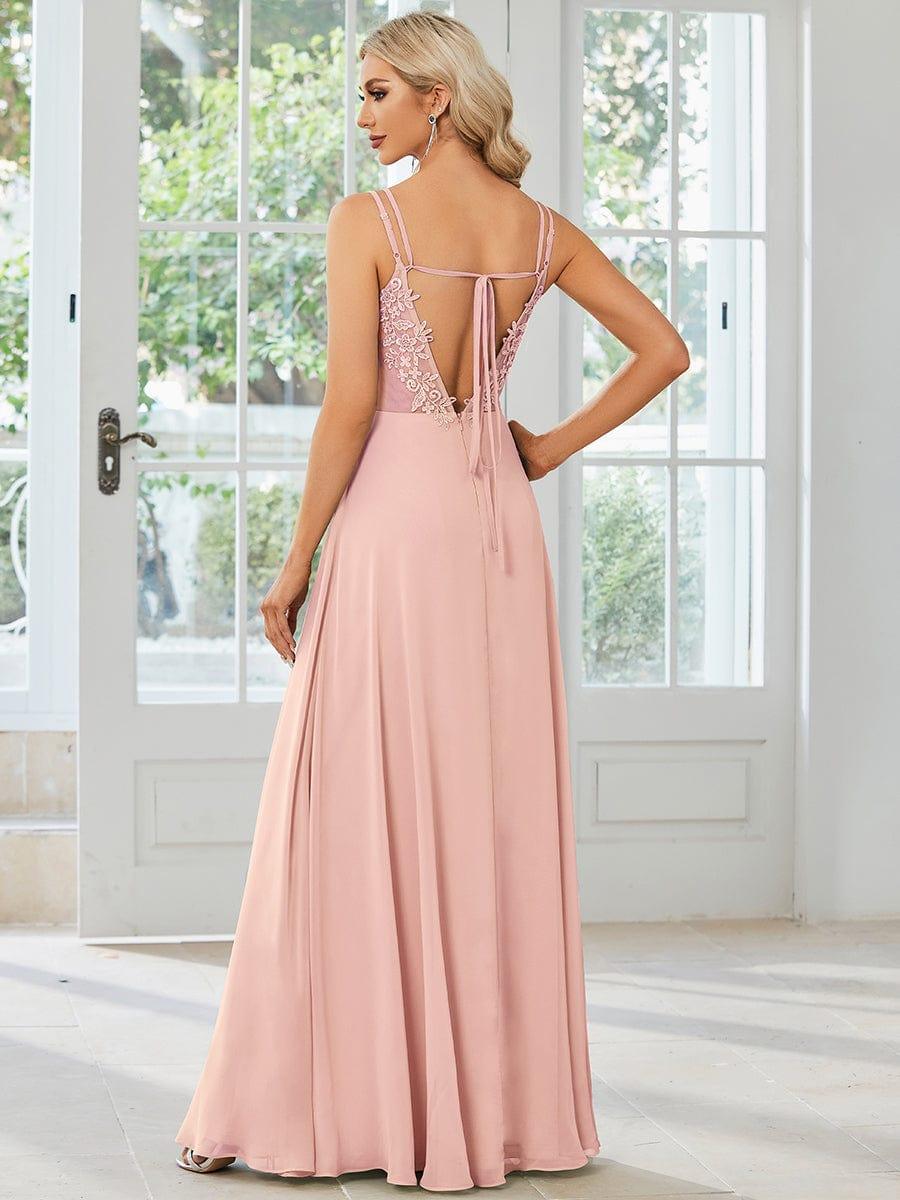 Robe demoiselle d'honneur mousseline et dentelle dos nu bretelles fines #Couleur_Rose