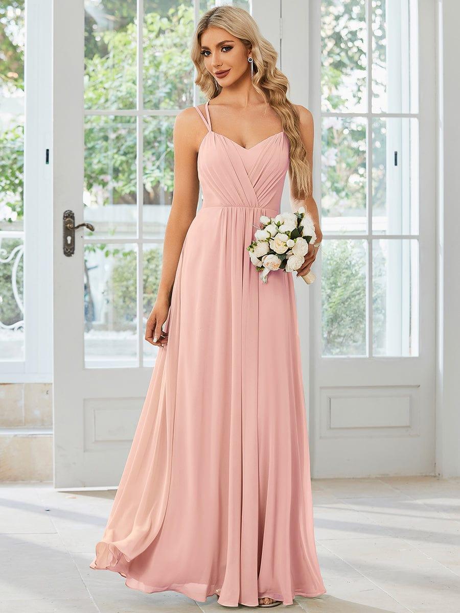 Robe demoiselle d'honneur mousseline et dentelle dos nu bretelles fines #Couleur_Rose