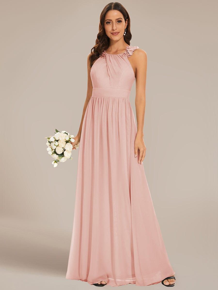 Robe demoiselle d'honneur mousseline plissée sans manches Appliques florales #Couleur_Rose