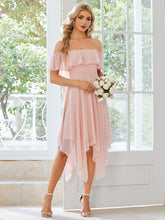 Robe demoiselle d'honneur asymétrique fluide mousseline épaules dénudées #Couleur_Rose