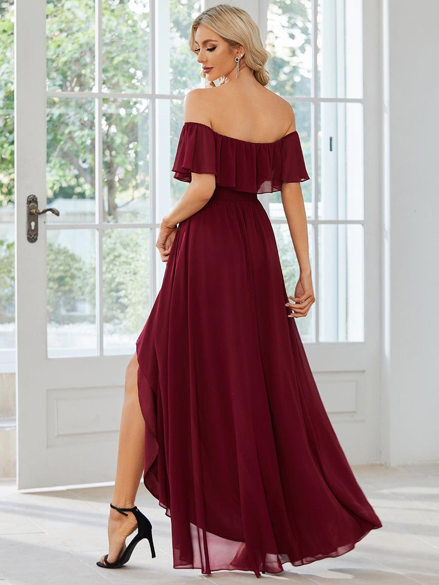 Robe demoiselle d'honneur Manches Courtes Epaules dénudées Volants en Cascade #Couleur_Bordeaux