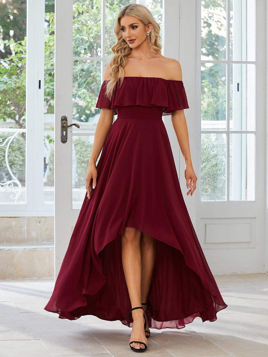 Robe demoiselle d'honneur Manches Courtes Epaules dénudées Volants en Cascade #Couleur_Bordeaux