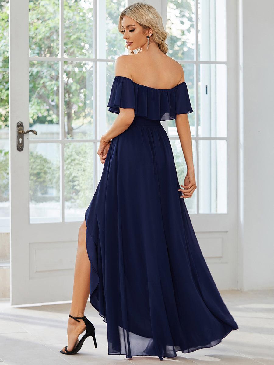 Robe demoiselle d'honneur Manches Courtes Epaules dénudées Volants en Cascade #Couleur_Bleu Marine