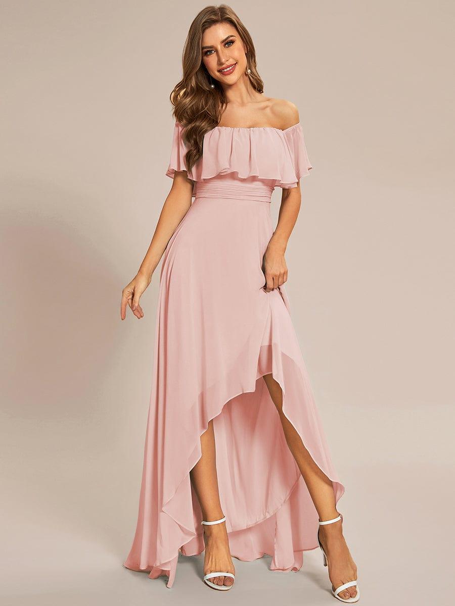 Robe demoiselle d'honneur Manches Courtes Epaules dénudées Volants en Cascade #Couleur_Rose