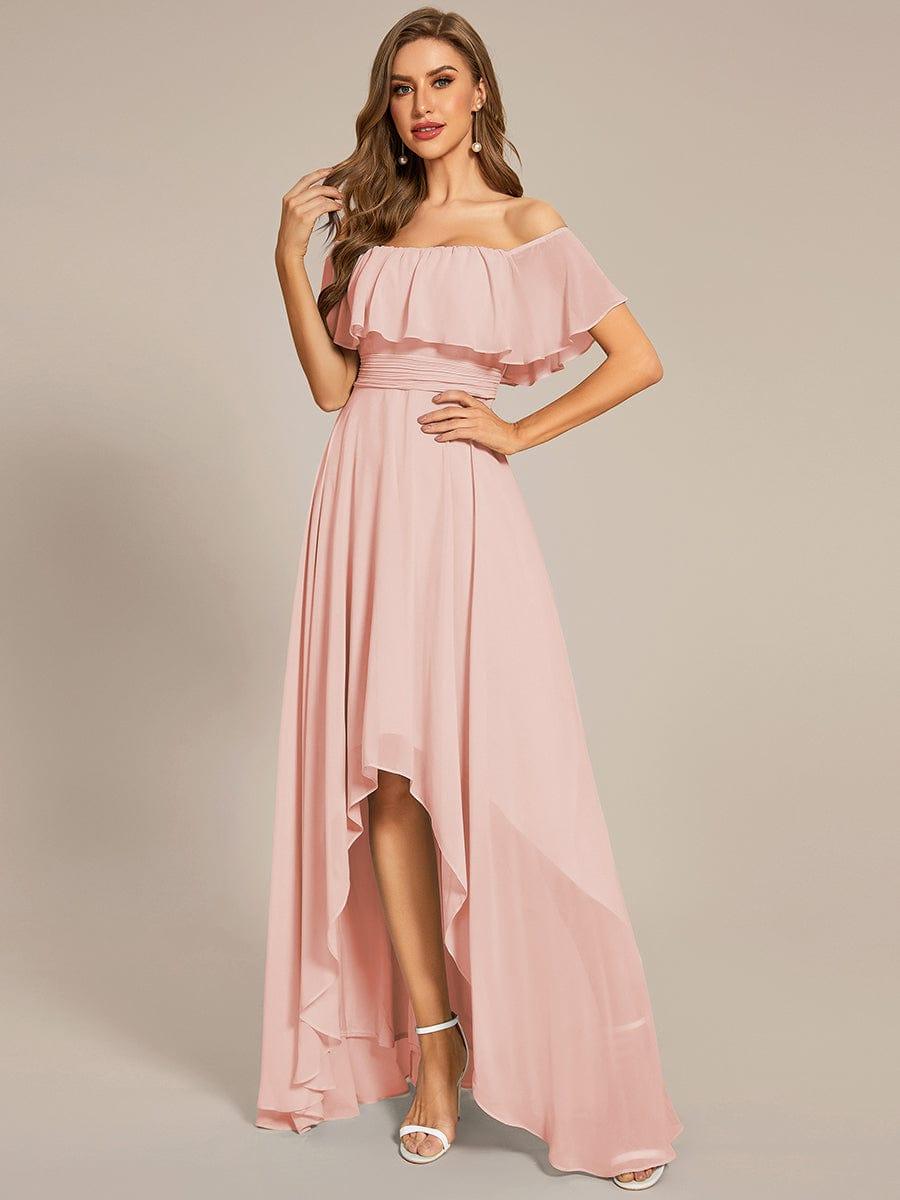 Robe demoiselle d'honneur Manches Courtes Epaules dénudées Volants en Cascade #Couleur_Rose