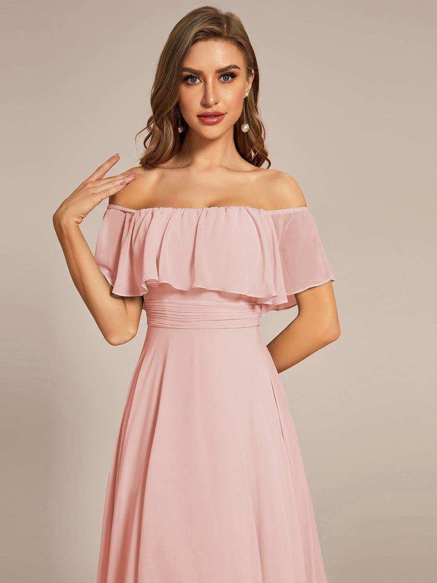 Robe demoiselle d'honneur Manches Courtes Epaules dénudées Volants en Cascade #Couleur_Rose