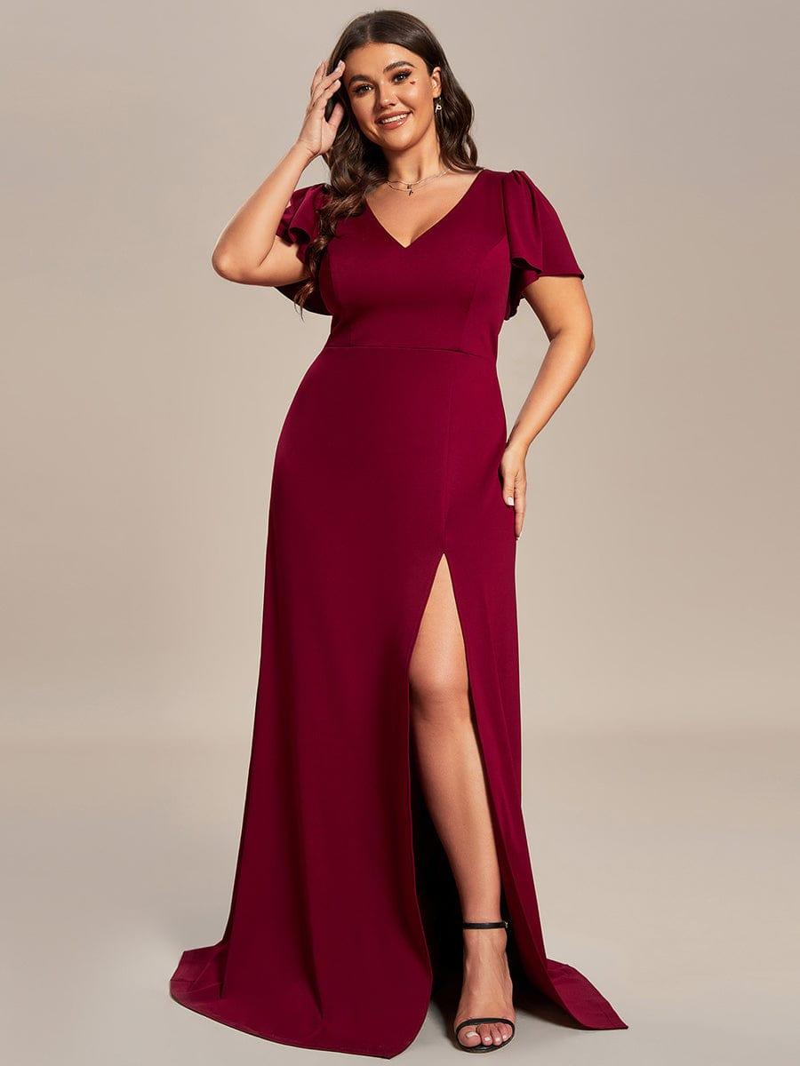 Robe demoiselle d'honneur fendue Manches volantées classiques de grande taille #Couleur_Bordeaux