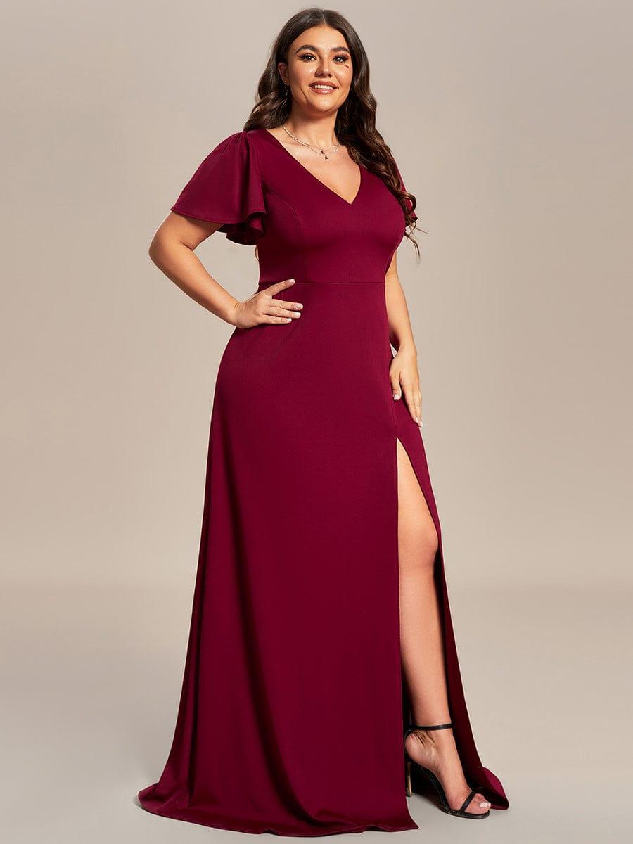Robe demoiselle d'honneur fendue Manches volantées classiques de grande taille #Couleur_Bordeaux