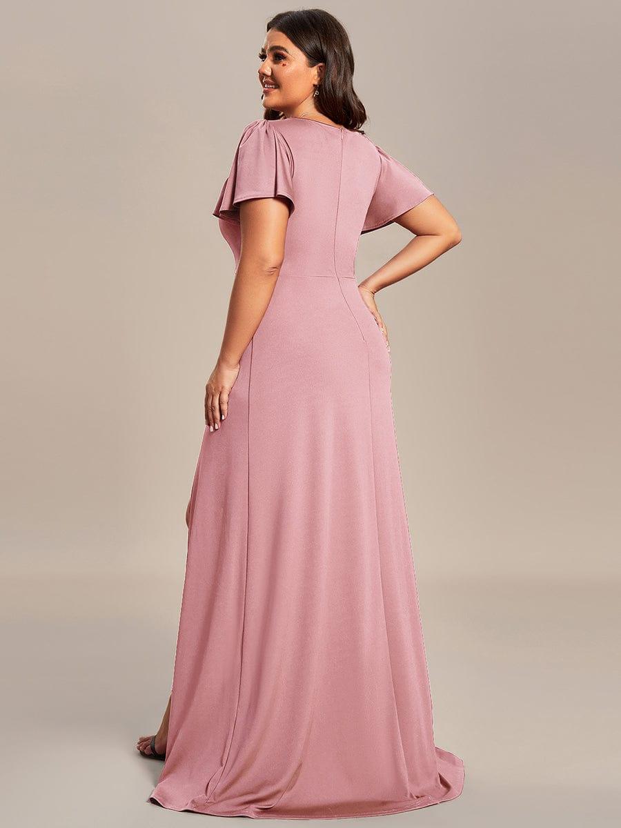 Robe demoiselle d'honneur fendue Manches volantées classiques de grande taille #Couleur_Rose fumee