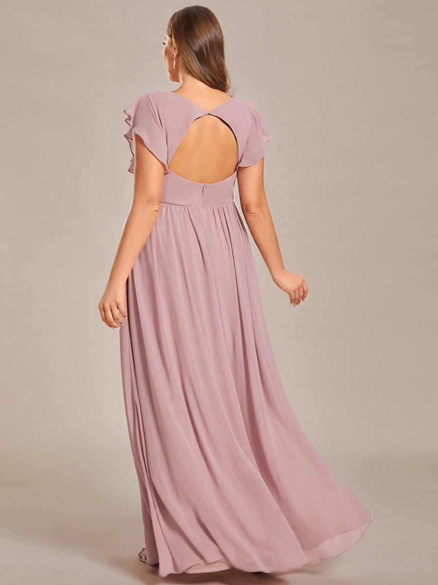 Robe demoiselle d'honneur en mousseline manches plissées avec découpe au dos #Couleur_Rose fumee