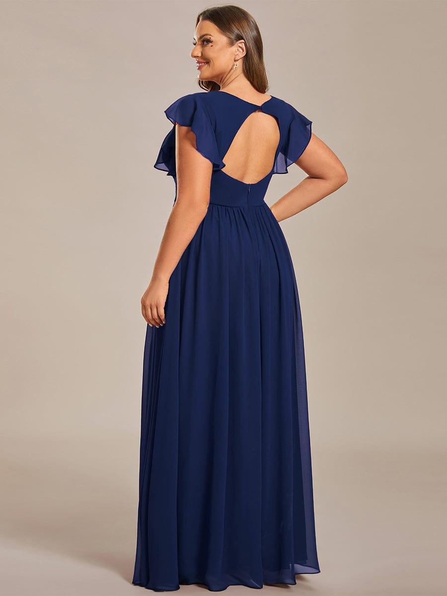 Robe demoiselle d'honneur en mousseline manches plissées avec découpe au dos #Couleur_Bleu Marine