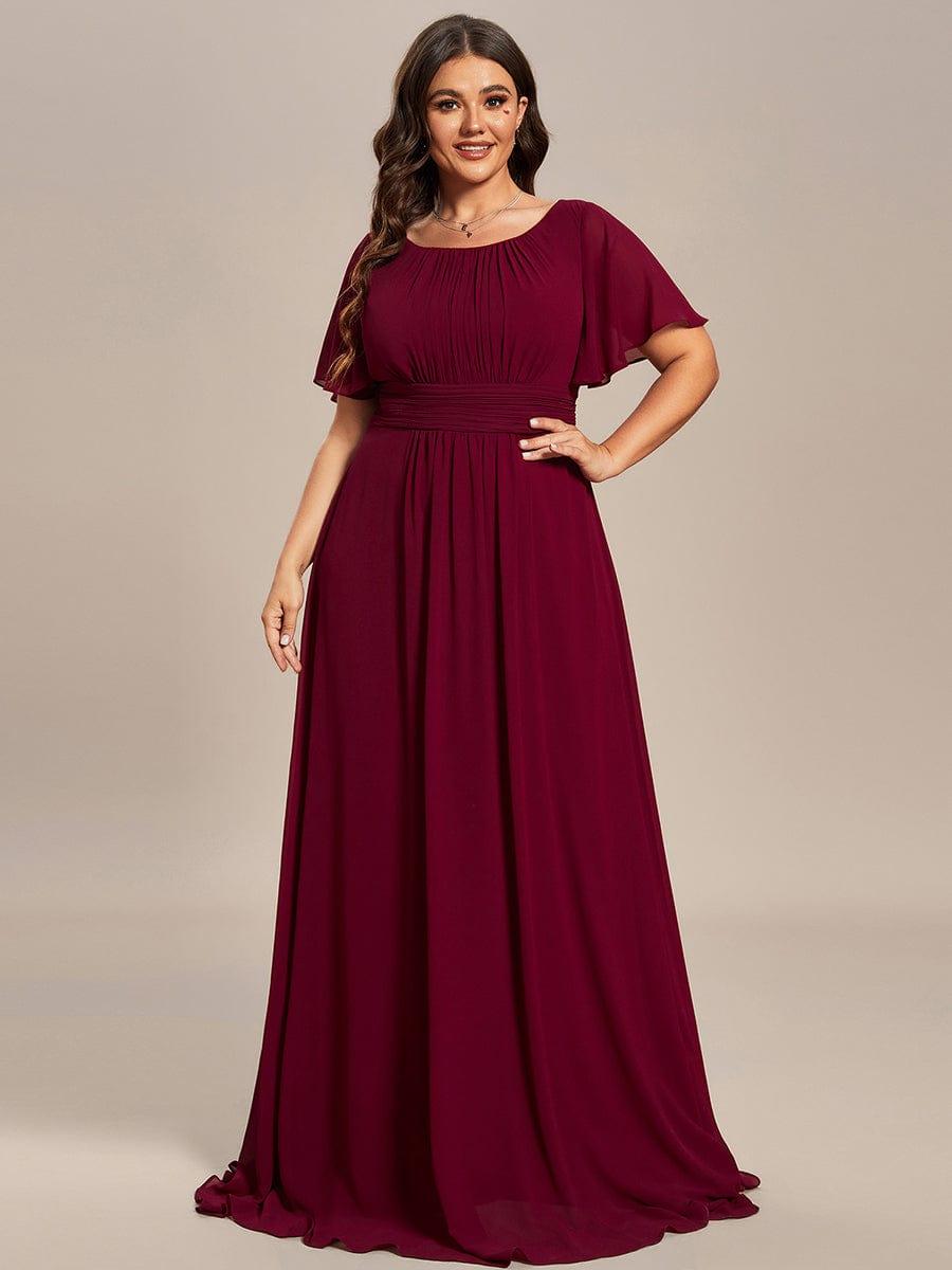 Robe demoiselle d'honneur en mousseline simple plissée de grande taille encolure ronde #Couleur_Bordeaux
