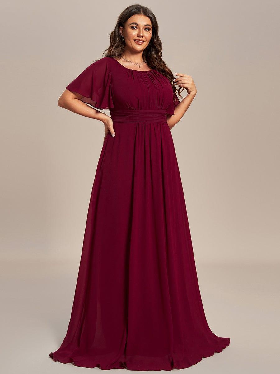 Robe demoiselle d'honneur en mousseline simple plissée de grande taille encolure ronde #Couleur_Bordeaux