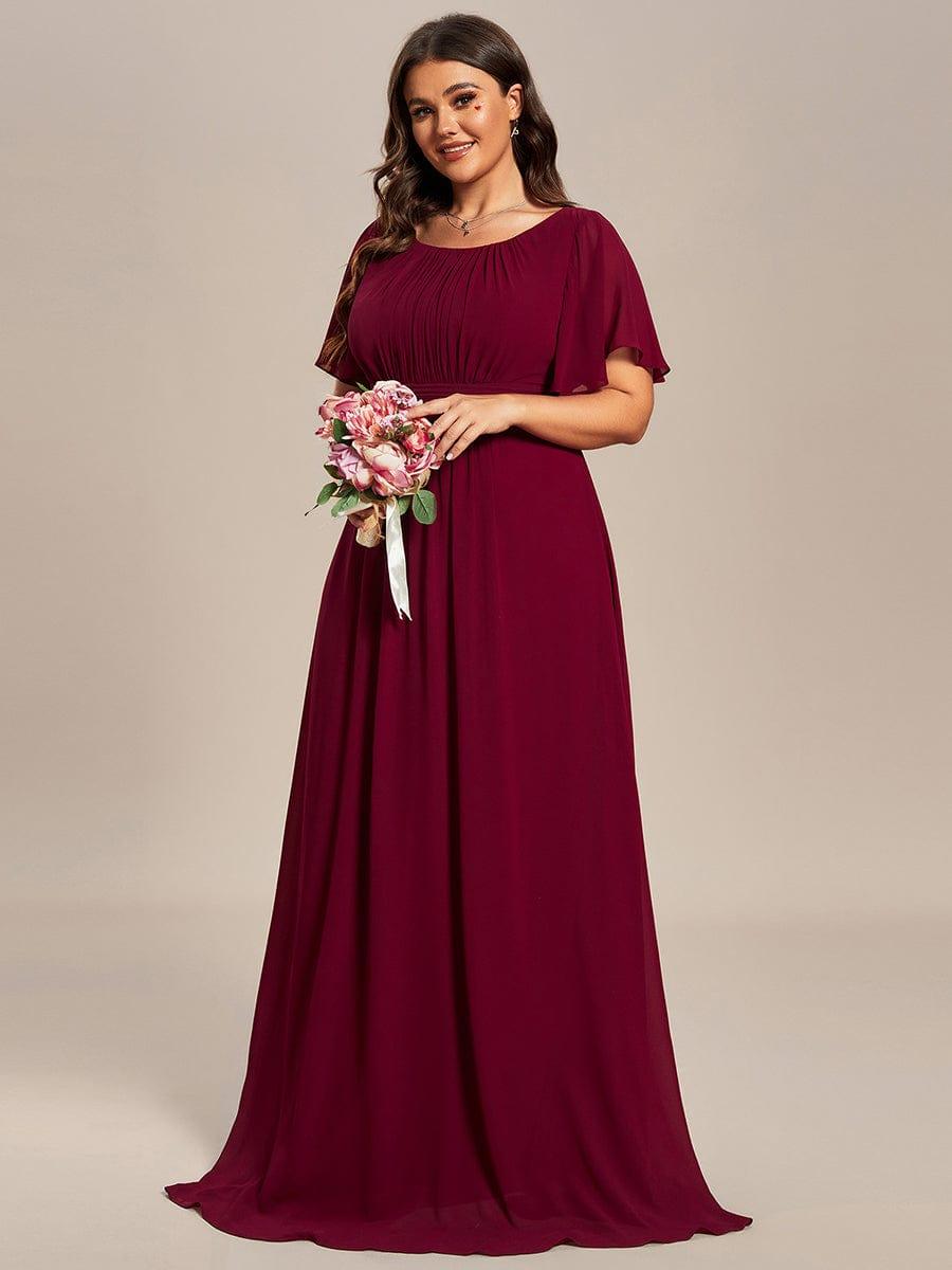 Robe demoiselle d'honneur en mousseline simple plissée de grande taille encolure ronde #Couleur_Bordeaux
