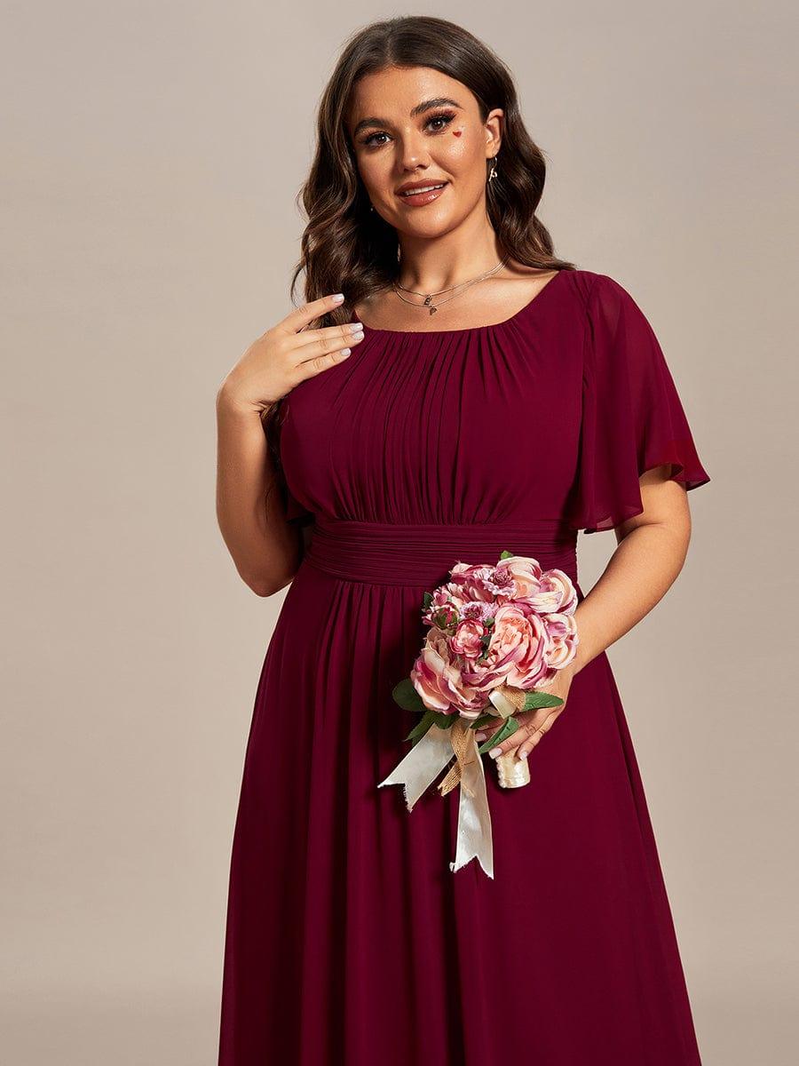 Robe demoiselle d'honneur en mousseline simple plissée de grande taille encolure ronde #Couleur_Bordeaux