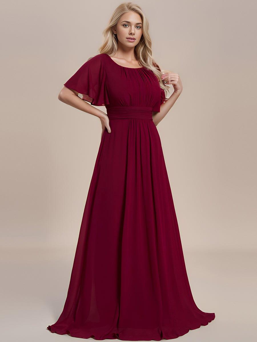 Robe de demoiselle d'honneur trapèze plissée en mousseline de soie simple, encolure ronde #Couleur_Bordeaux