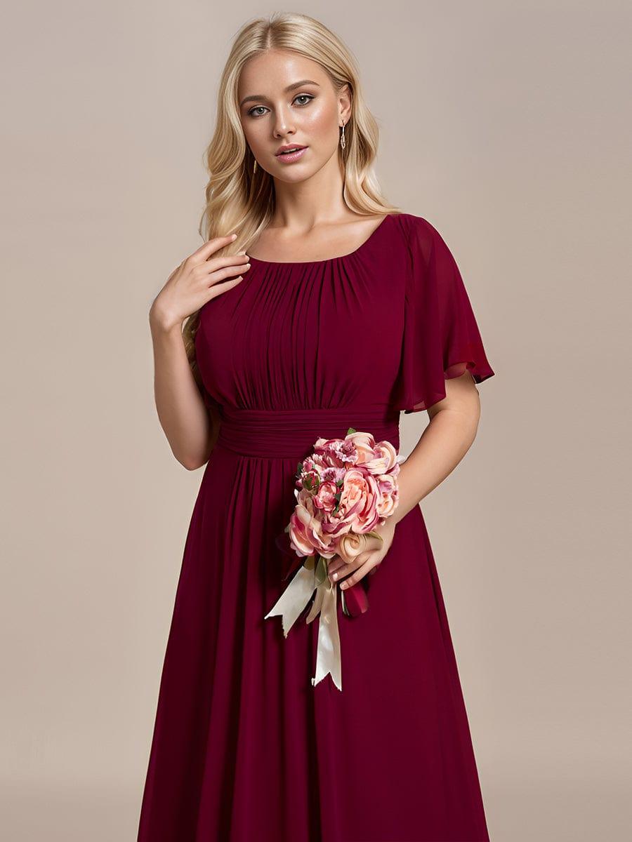 Robe de demoiselle d'honneur trapèze plissée en mousseline de soie simple, encolure ronde #Couleur_Bordeaux