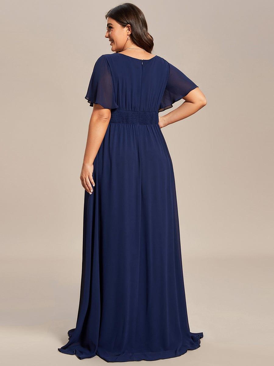 Robe demoiselle d'honneur en mousseline simple plissée de grande taille encolure ronde #Couleur_Bleu Marine