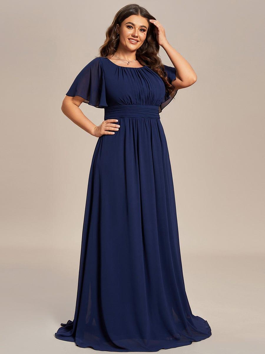 Robe demoiselle d'honneur en mousseline simple plissée de grande taille encolure ronde #Couleur_Bleu Marine
