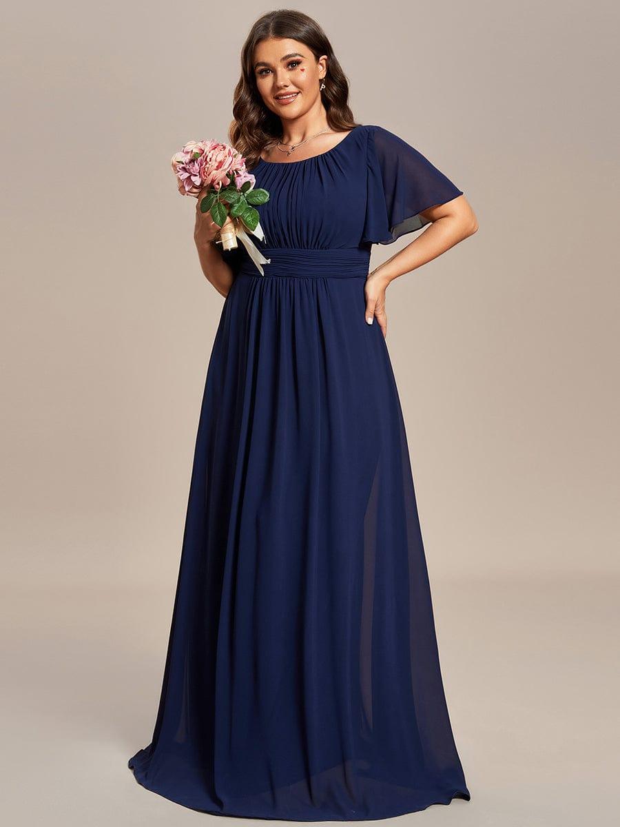 Robe demoiselle d'honneur en mousseline simple plissée de grande taille encolure ronde #Couleur_Bleu Marine