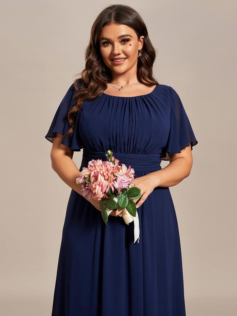 Robe demoiselle d'honneur en mousseline simple plissée de grande taille encolure ronde #Couleur_Bleu Marine