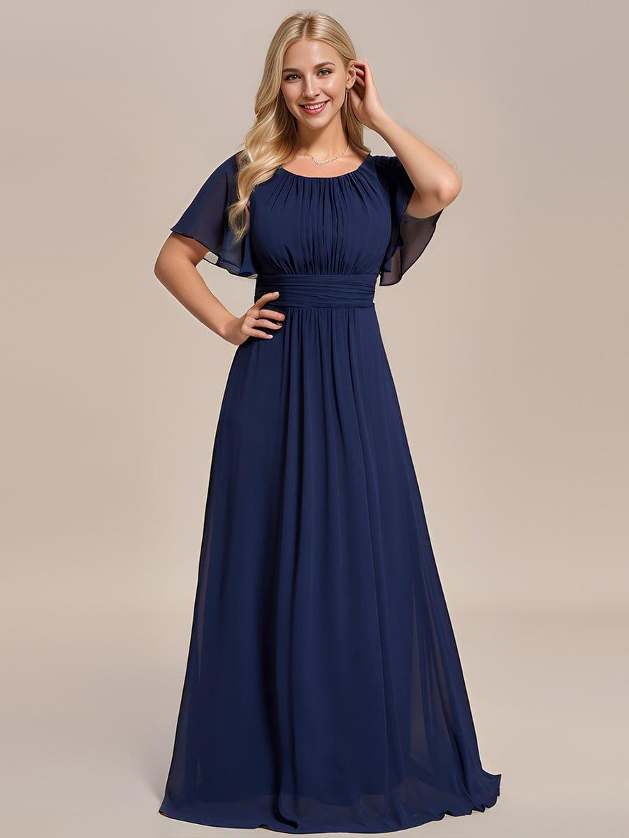 Robe de demoiselle d'honneur trapèze plissée en mousseline de soie simple, encolure ronde #Couleur_Bleu Marine