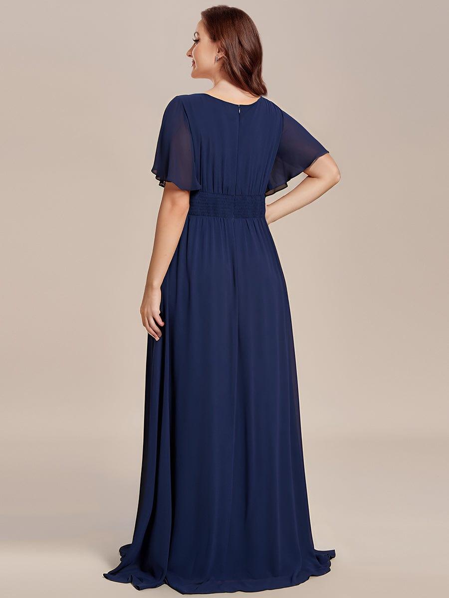 Robe de demoiselle d'honneur trapèze plissée en mousseline de soie simple, encolure ronde #Couleur_Bleu Marine