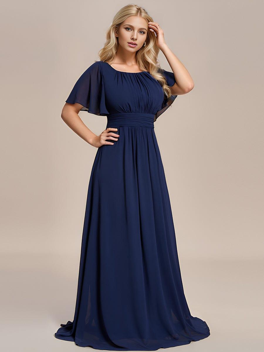 Robe de demoiselle d'honneur trapèze plissée en mousseline de soie simple, encolure ronde #Couleur_Bleu Marine