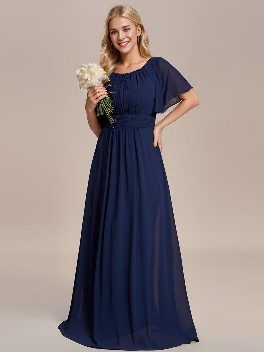 Robe de demoiselle d'honneur trapèze plissée en mousseline de soie simple, encolure ronde #Couleur_Bleu Marine