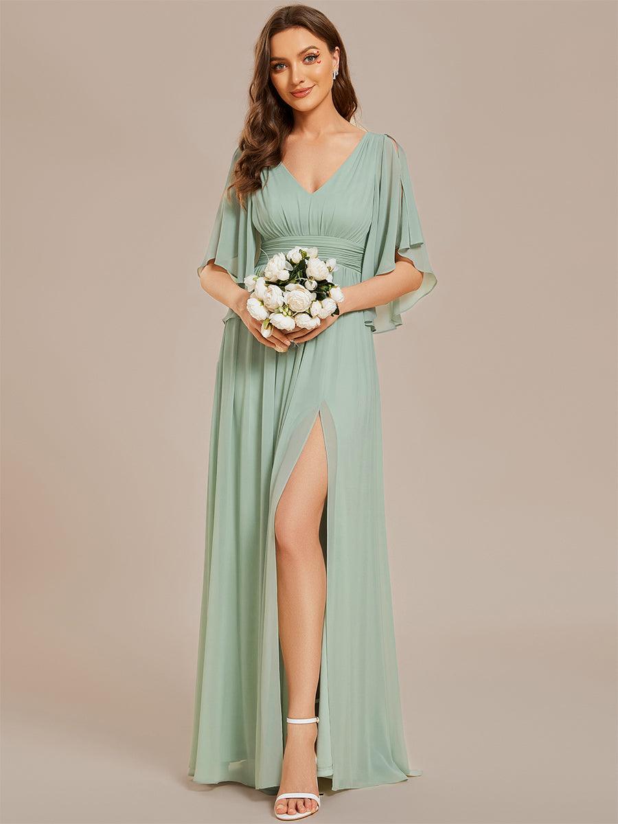 Robe Curvy en mousseline plissée Col V manches mi-longues #Couleur_Menthe Verte