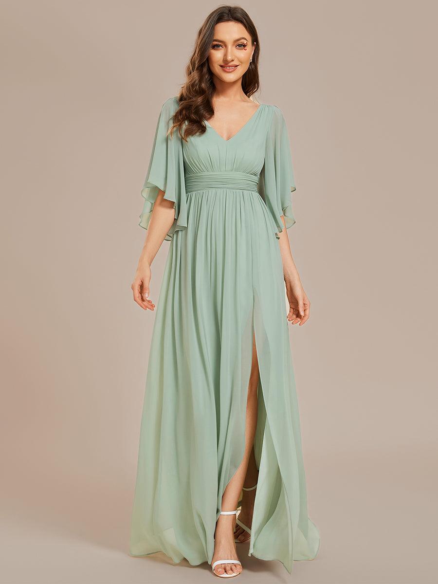 Robe Curvy en mousseline plissée Col V manches mi-longues #Couleur_Menthe Verte
