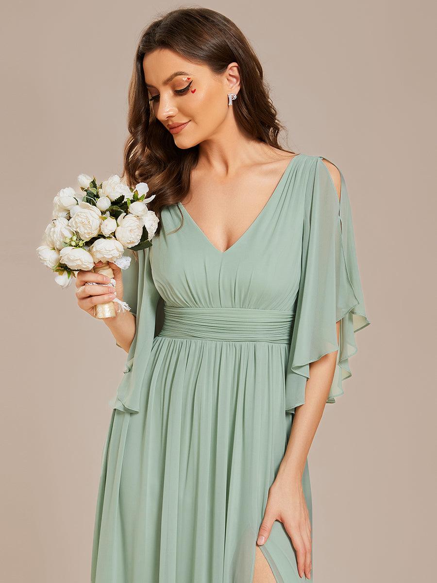 Robe Curvy en mousseline plissée Col V manches mi-longues #Couleur_Menthe Verte