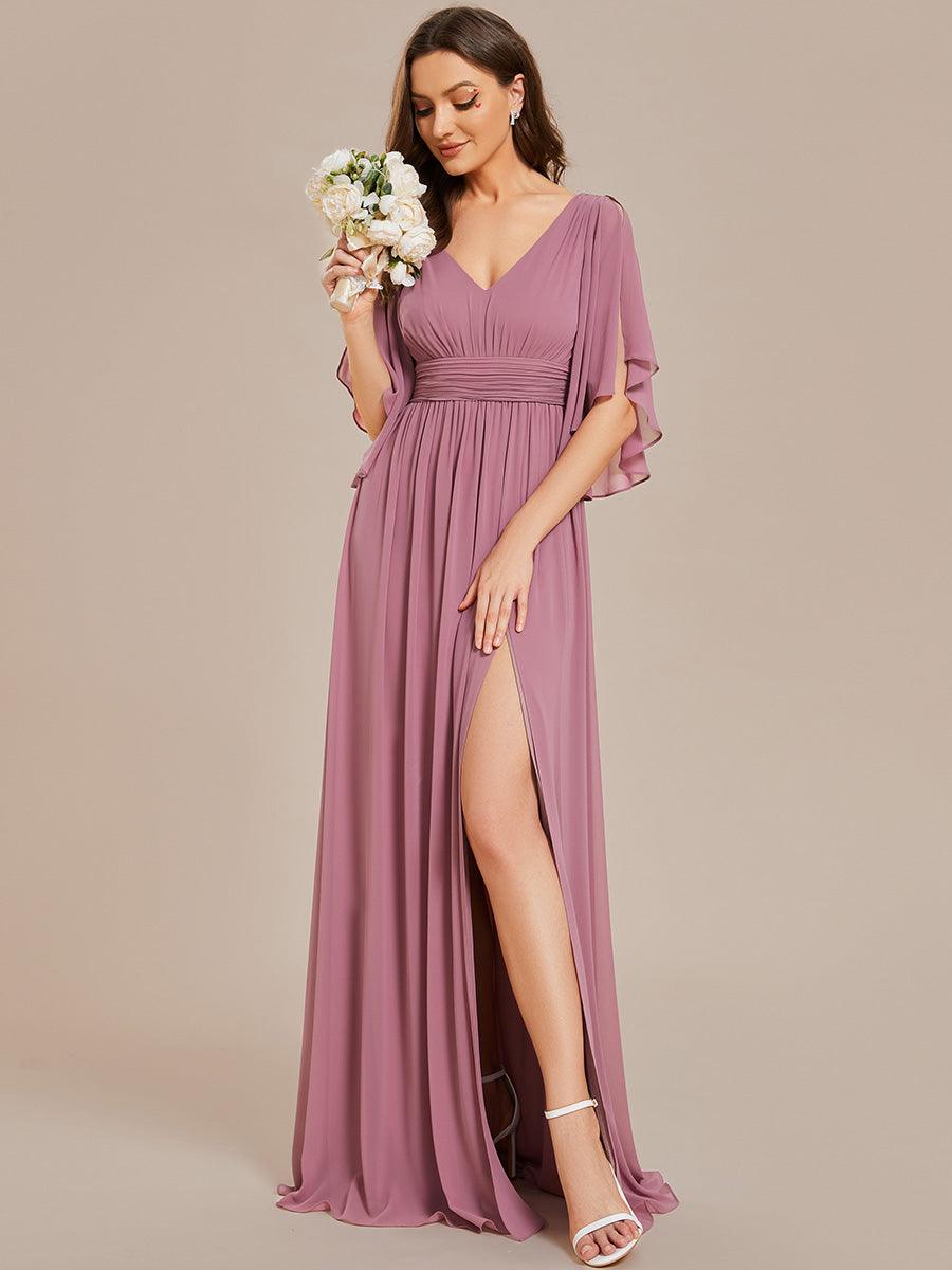 Robe Curvy en mousseline plissée Col V manches mi-longues #Couleur_Orchidee