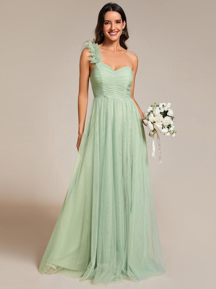 Robe demoiselle d'honneur à une épaule appliquée en tulle avec une fente haute #Couleur_Menthe Verte