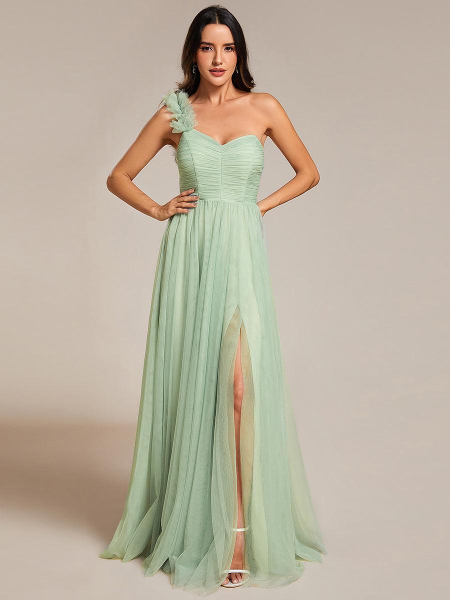 Robe demoiselle d'honneur à une épaule appliquée en tulle avec une fente haute #Couleur_Menthe Verte