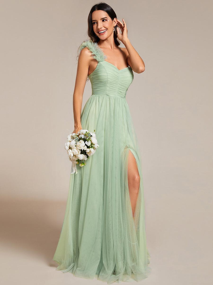 Robe demoiselle d'honneur à une épaule appliquée en tulle avec une fente haute #Couleur_Menthe Verte