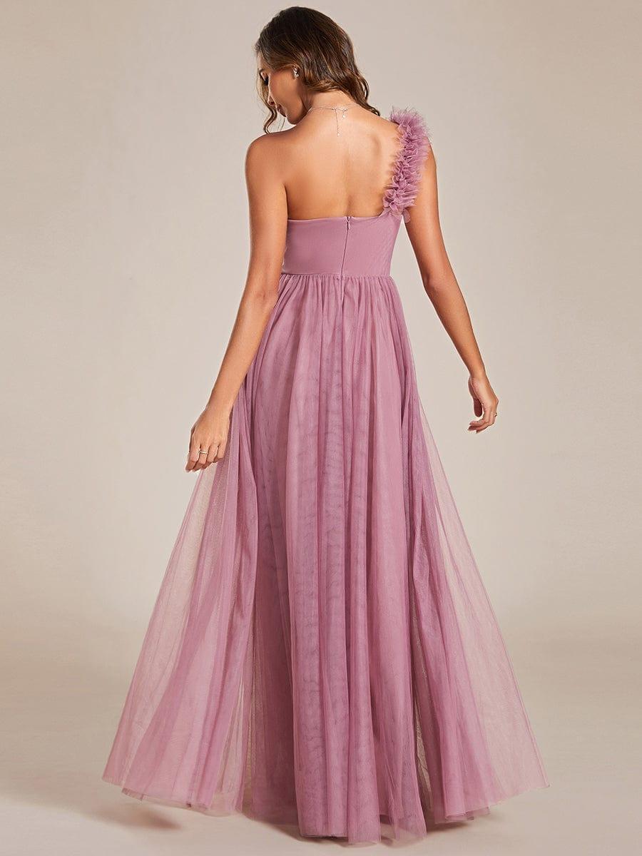 Robe demoiselle d'honneur à une épaule appliquée en tulle avec une fente haute #Couleur_Orchidee