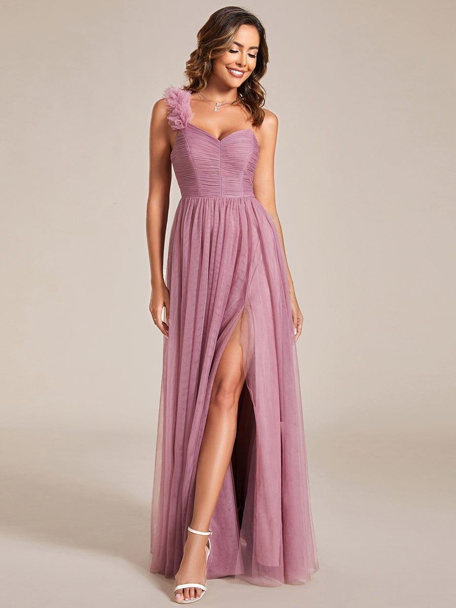 Robe demoiselle d'honneur à une épaule appliquée en tulle avec une fente haute #Couleur_Orchidee