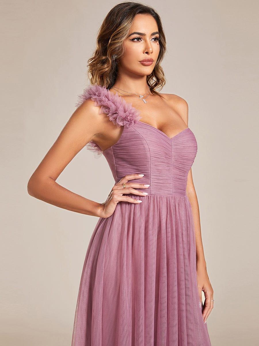 Robe demoiselle d'honneur à une épaule appliquée en tulle avec une fente haute #Couleur_Orchidee