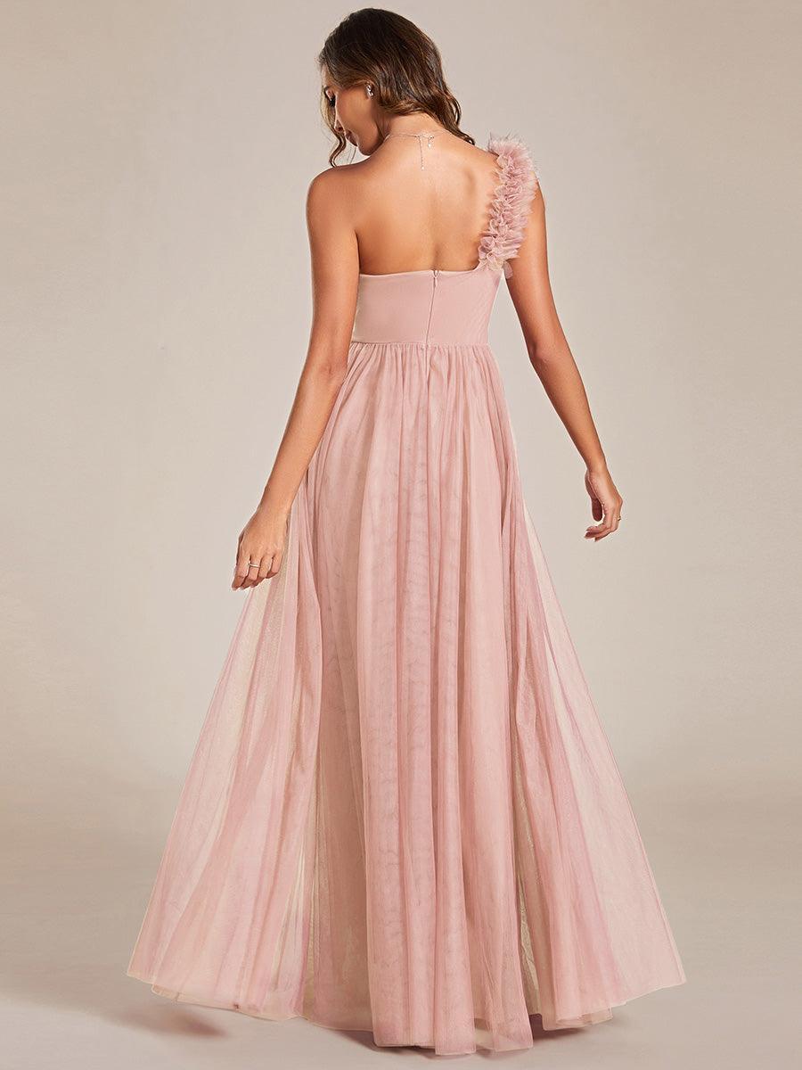 Robe demoiselle d'honneur à une épaule appliquée en tulle avec une fente haute #Couleur_Rose