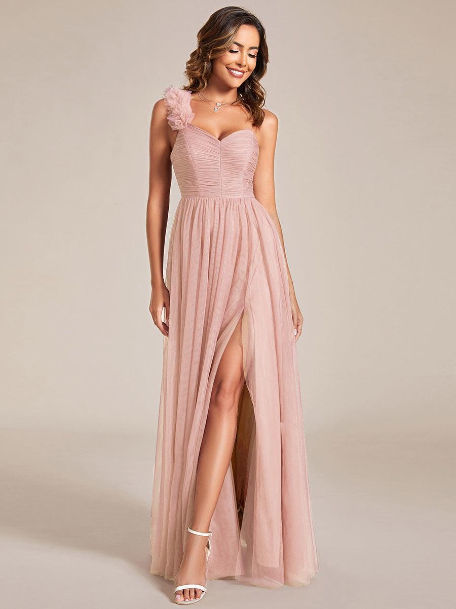 Robe demoiselle d'honneur à une épaule appliquée en tulle avec une fente haute #Couleur_Rose