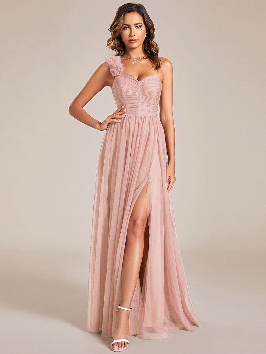 Robe demoiselle d'honneur à une épaule appliquée en tulle avec une fente haute #Couleur_Rose