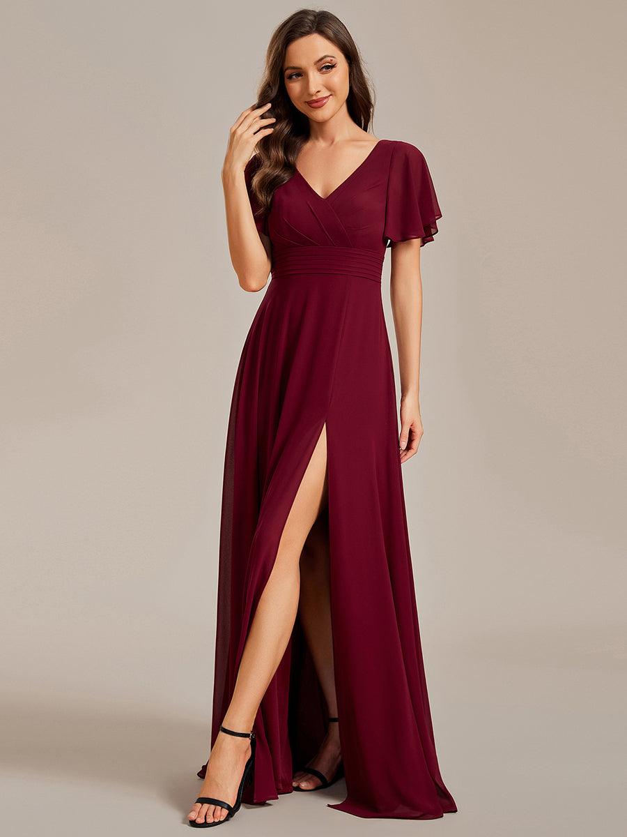 Robe de soirée trapèze à manches à volants et col rond transparent au dos#Couleur_Bordeaux