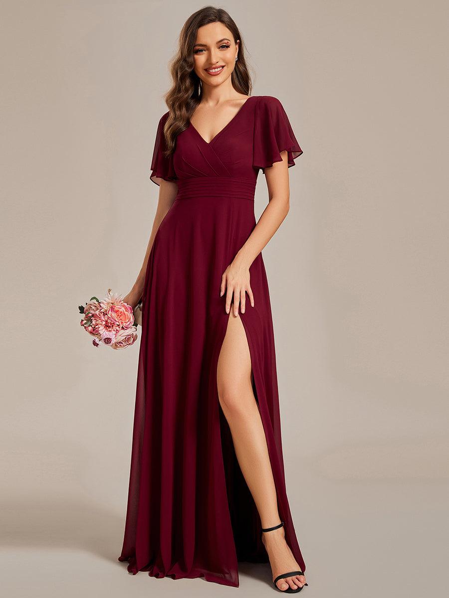 Robe de soirée trapèze à manches à volants et col rond transparent au dos#Couleur_Bordeaux
