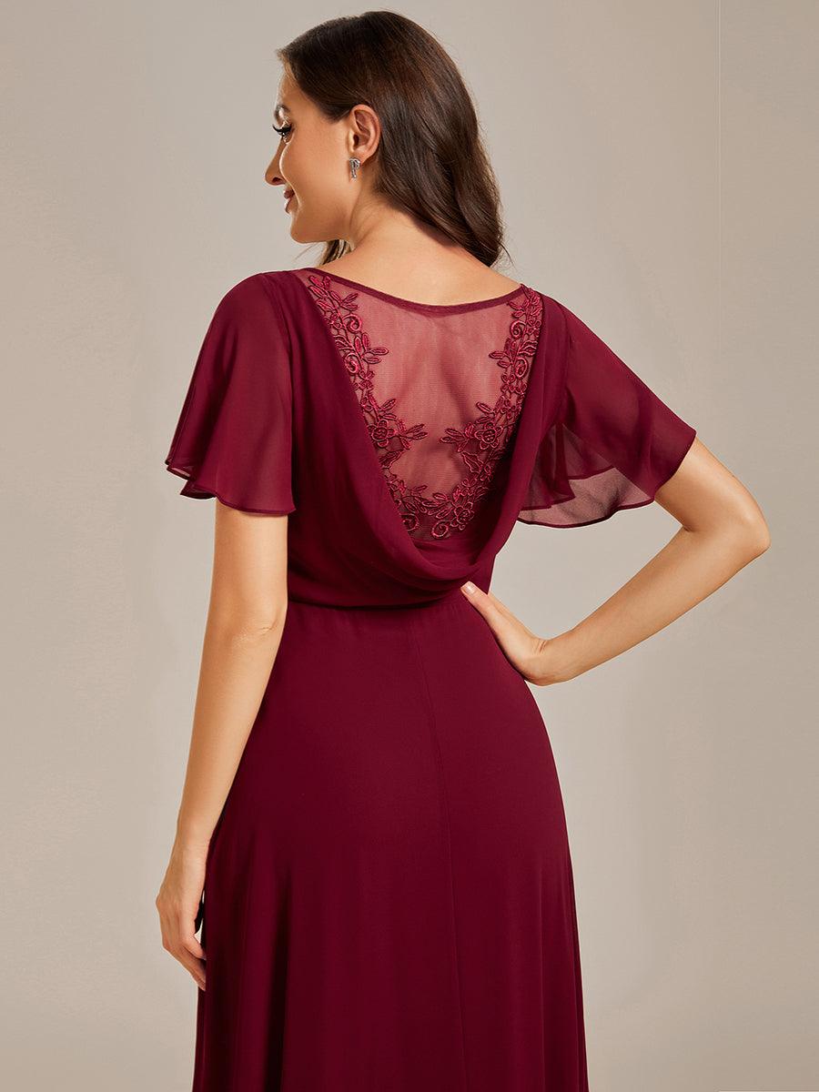 Robe de soirée trapèze à manches à volants et col rond transparent au dos#Couleur_Bordeaux