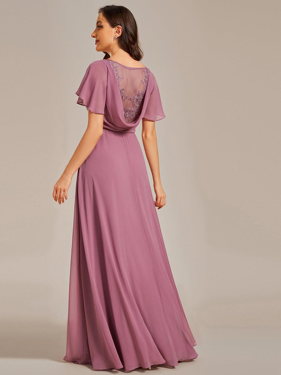 Robe de soirée trapèze à manches à volants et col rond transparent au dos#Couleur_Orchidee