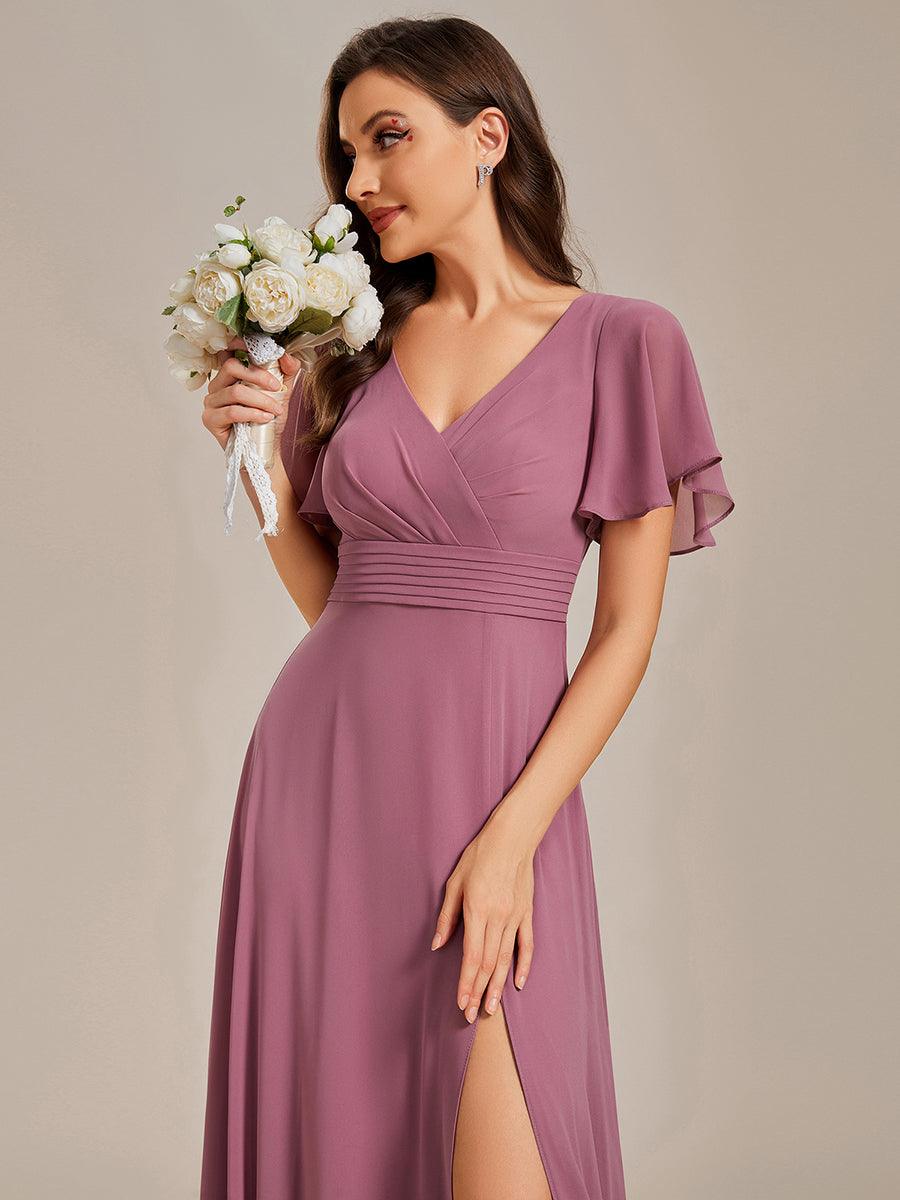 Robe de soirée trapèze à manches à volants et col rond transparent au dos#Couleur_Orchidee