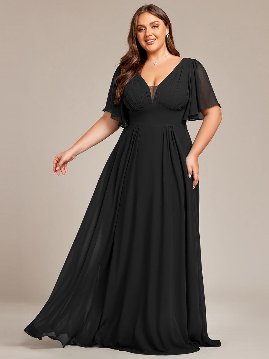 Robe de demoiselle d'honneur longue en mousseline de soie simple manches courtes taille empire ligne a grande taille #Couleur_Noir