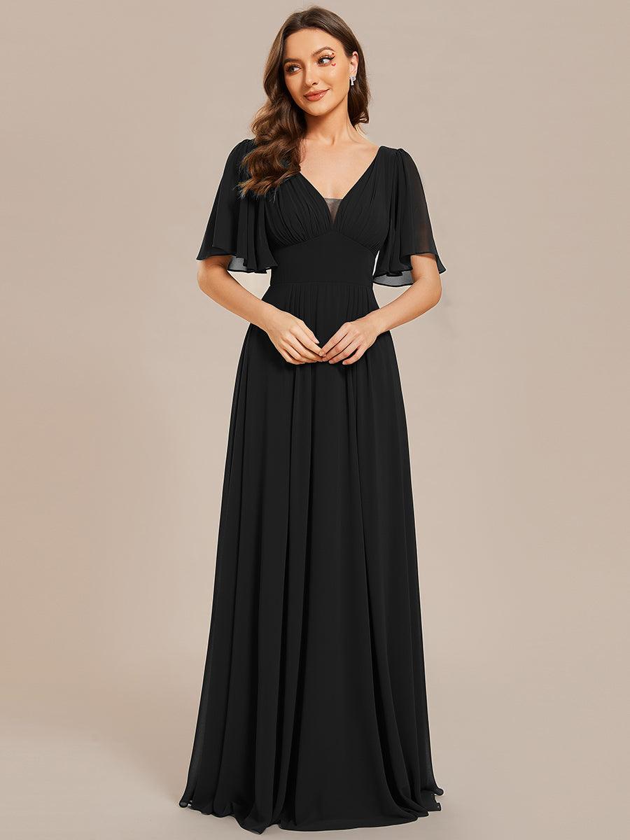 Robe de demoiselle d'honneur longue en mousseline de soie simple manches courtes taille empire ligne a #Couleur_Noir