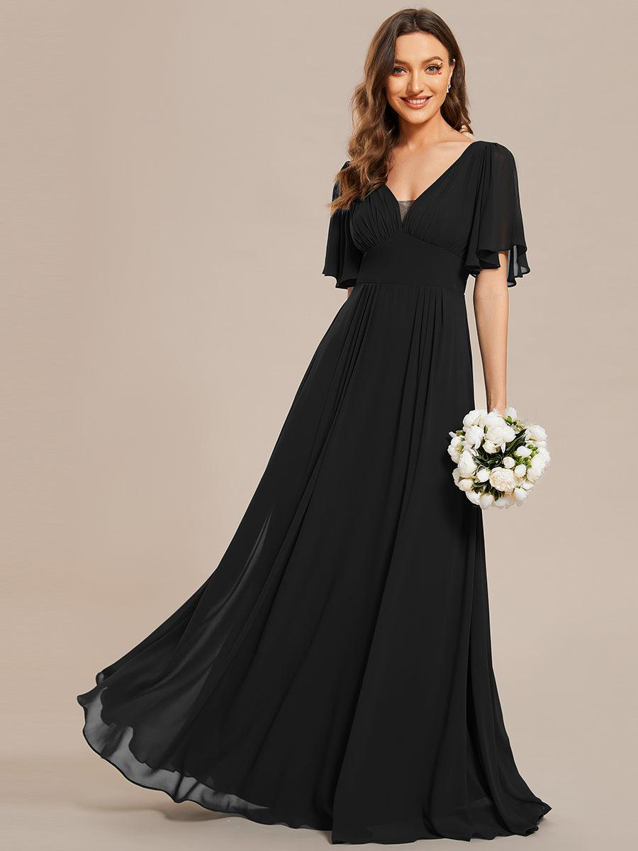 Robe de demoiselle d'honneur longue en mousseline de soie simple manches courtes taille empire ligne a #Couleur_Noir